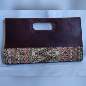 NEW HAND-CRAFTED CLASSIC LEATHER CLUTCH WITH MAYAN EMBROIDERING